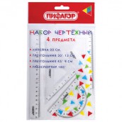Набор чертежный ПИФАГОР (линейка 20 см, 2 треугольника, транспортир), прозрачный, 210852