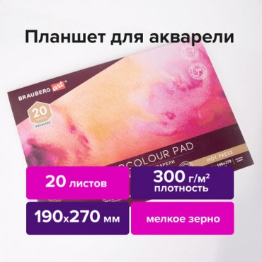 Папка для акварели/планшет, 300 г/м2, 190х270 мм, склейка, мелкое зерно, 20 л., BRAUBERG ART PREMIERE, 113246